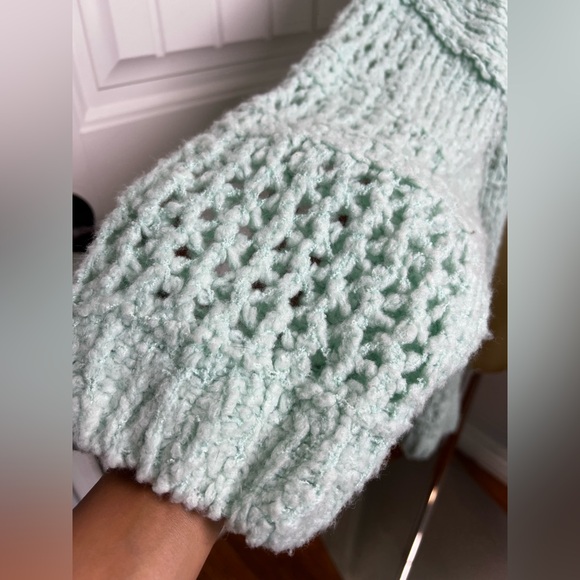 Free People Saturday Morning Oversized Mint Green Open-Knit Cardigan - Picture 6 of 7